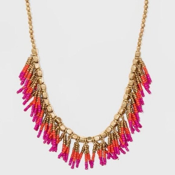 🐈‍ 3/$15 - Beaded Fringe Seedbead Necklace Pink Gold - Picture 1 of 3